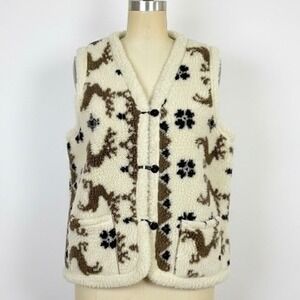 Vintage Vest Cream Brown Black Pattern Sherpa Lined Unisex Size 52 Large 70s 80s